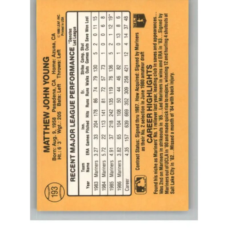 1987 Donruss #193 Matt Young EX Excellent Seattle Mariners Baseball Card - Baseball Card Single