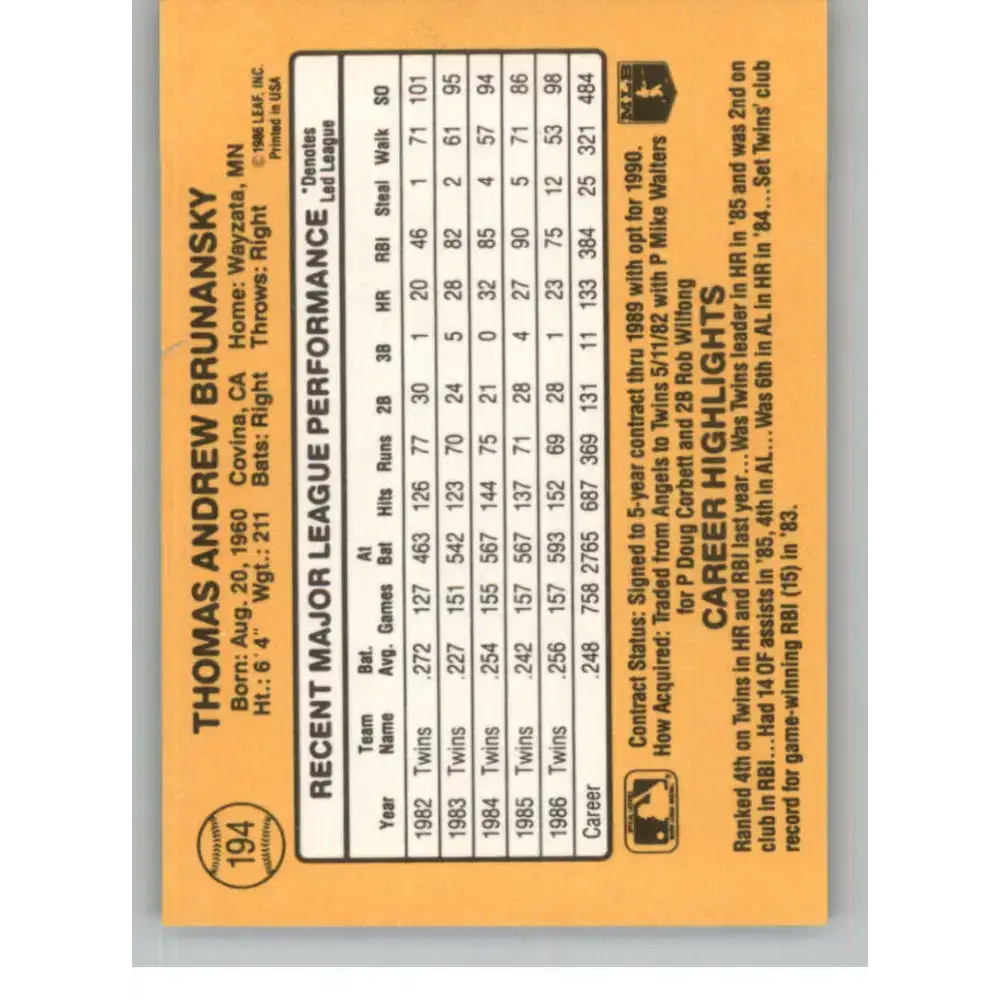 1987 Donruss #194 Tom Brunansky EX Excellent Minnesota Twins Baseball Card - Baseball Card Single