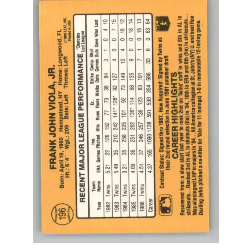 1987 Donruss #196 Frank Viola EX Excellent Minnesota Twins Baseball Card - Baseball Card Single