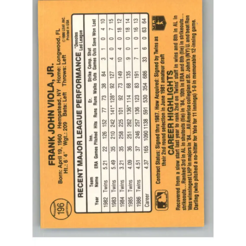 1987 Donruss #196 Frank Viola EX Excellent Minnesota Twins Baseball Card - Baseball Card Single