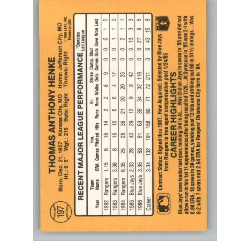 1987 Donruss #197 Tom Henke EX Toronto Blue Jays Baseball Card - Baseball Card Single
