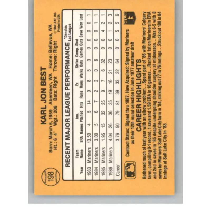 1987 Donruss #198 Karl Best EX Excellent Seattle Mariners Baseball Card - Baseball Card Single