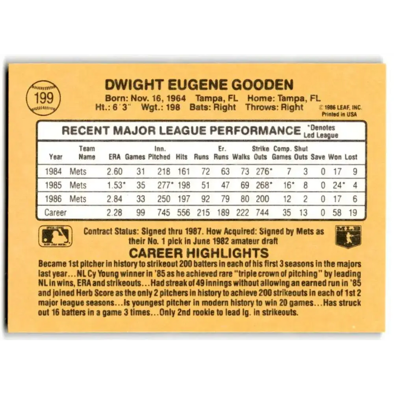 1987 Donruss #199 Dwight Gooden EX Excellent New York Mets Baseball Card - Baseball Card Single
