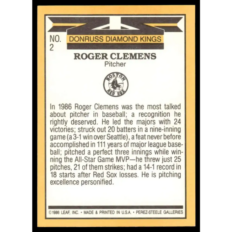 1987 Donruss #2 Roger Clemens EX/NM Boston Red Sox Baseball Card - Baseball Card Single