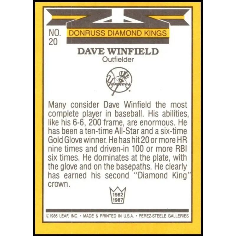 1987 Donruss #20 Dave Winfield EX Excellent New York Yankees Baseball Card - Baseball Card Single