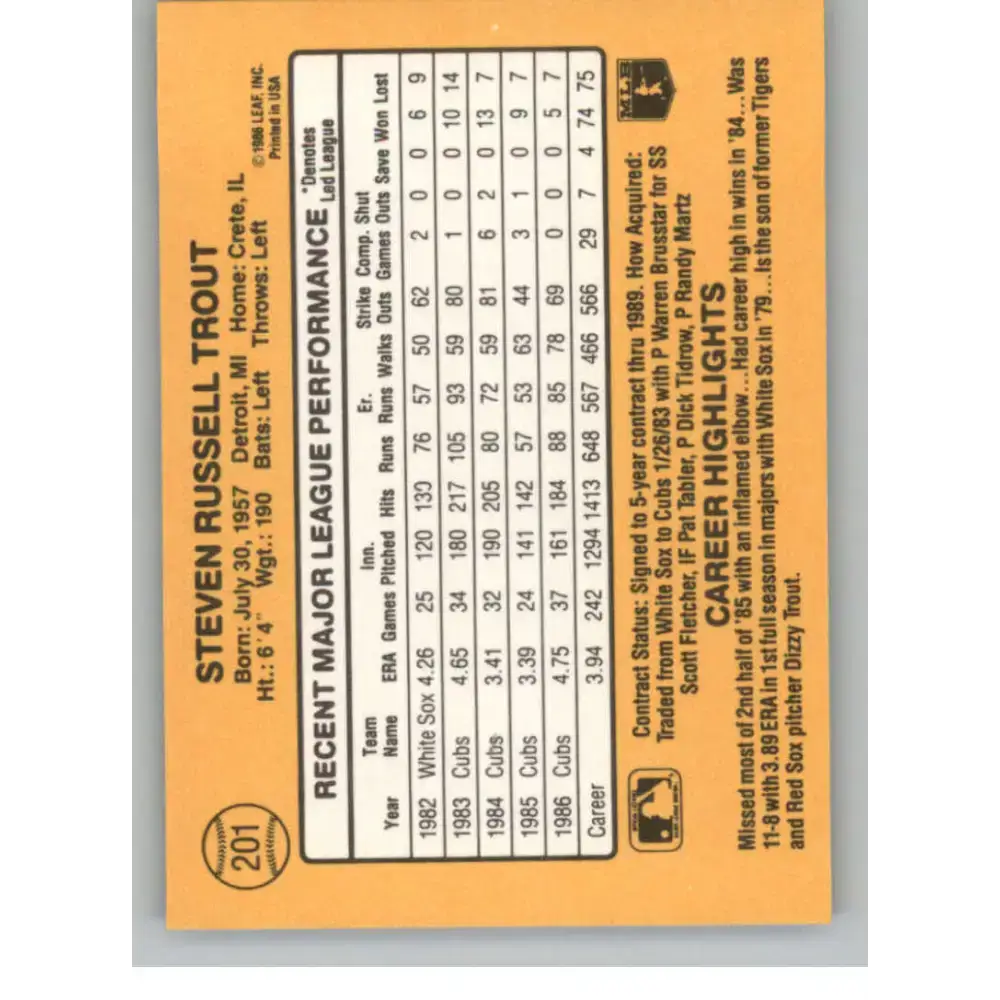 1987 Donruss #201 Steve Trout EX Excellent Chicago Cubs Baseball Card - Baseball Card Single
