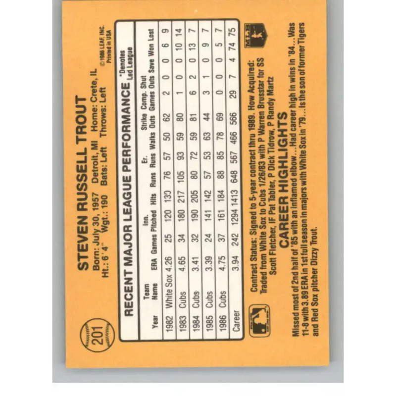 1987 Donruss #201 Steve Trout EX Excellent Chicago Cubs Baseball Card - Baseball Card Single