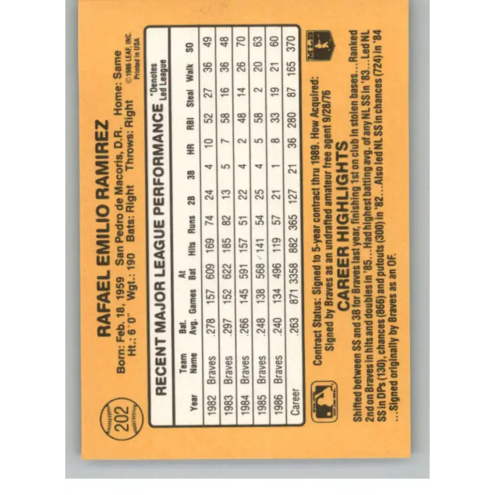 1987 Donruss #202 Rafael Ramirez EX Excellent Atlanta Braves Baseball Card - Baseball Card Single
