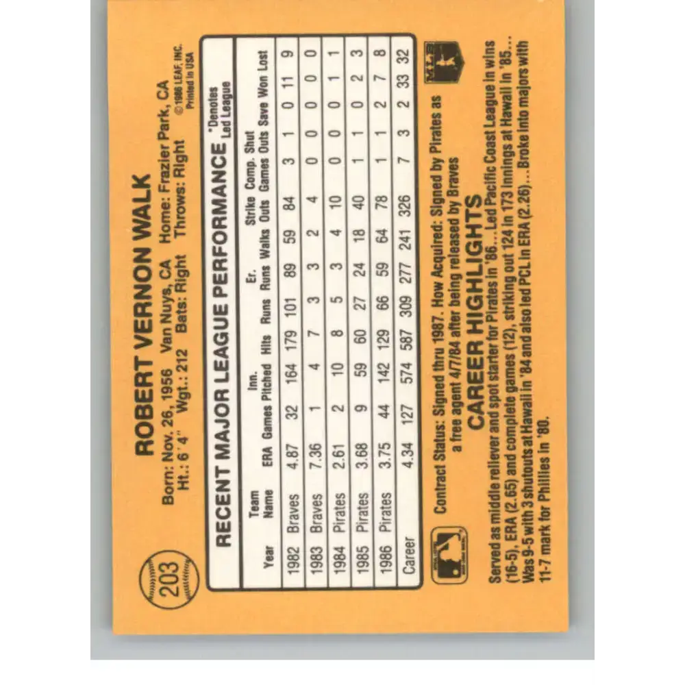 1987 Donruss #203 Bob Walk EX Excellent Pittsburgh Pirates Baseball Card - Baseball Card Single