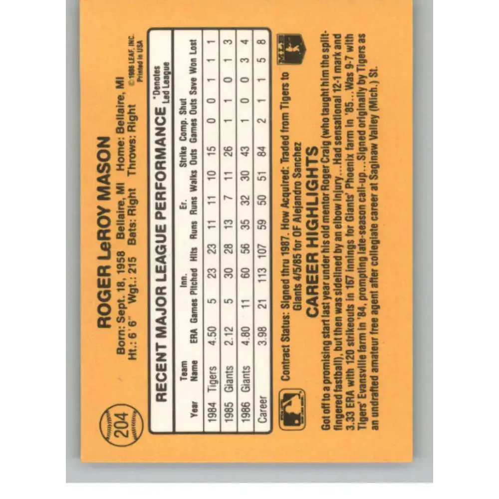 1987 Donruss #204 Roger Mason EX Excellent San Francisco Giants Baseball Card - Baseball Card Single