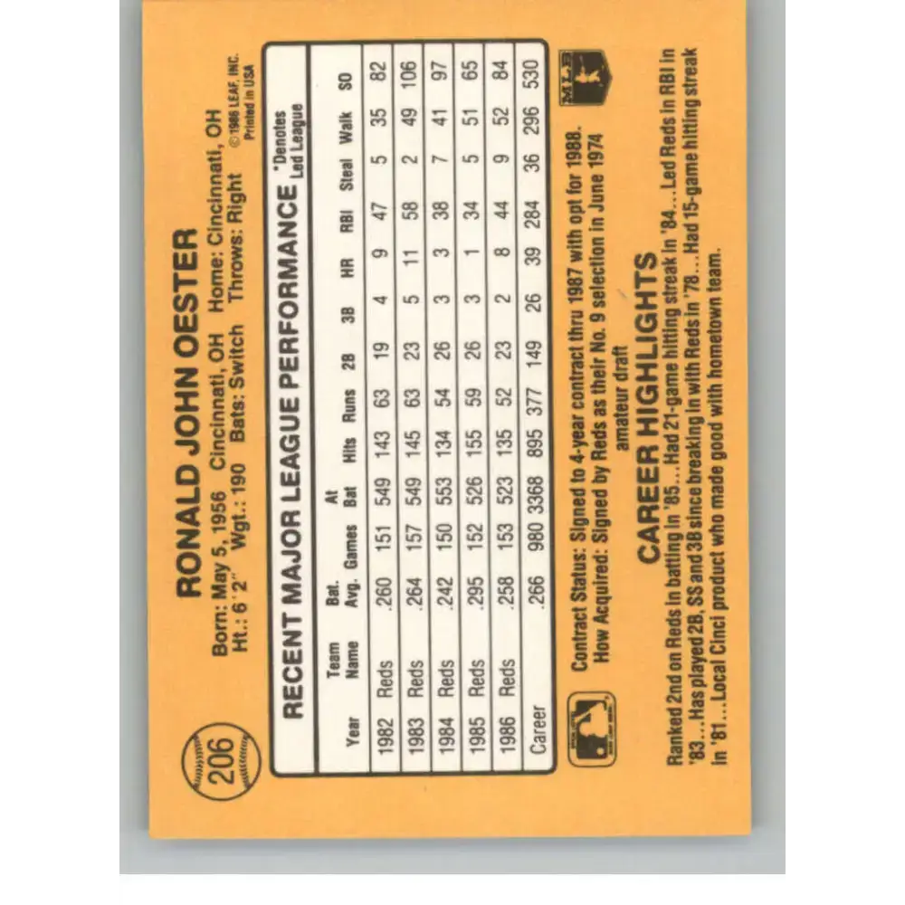 1987 Donruss #206 Ron Oester EX Excellent Cincinnati Reds Baseball Card - Baseball Card Single