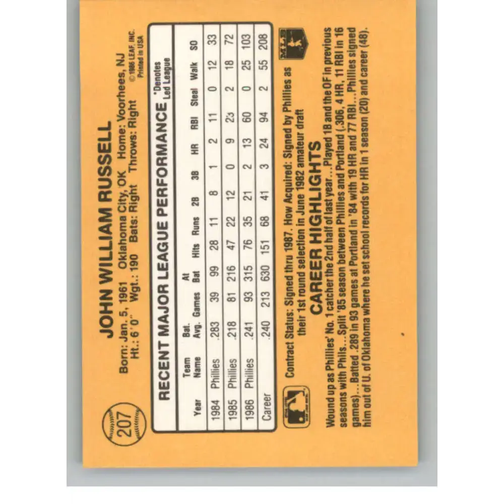 1987 Donruss #207 John Russell EX Excellent Philadelphia Phillies Baseball Card - Baseball Card Single