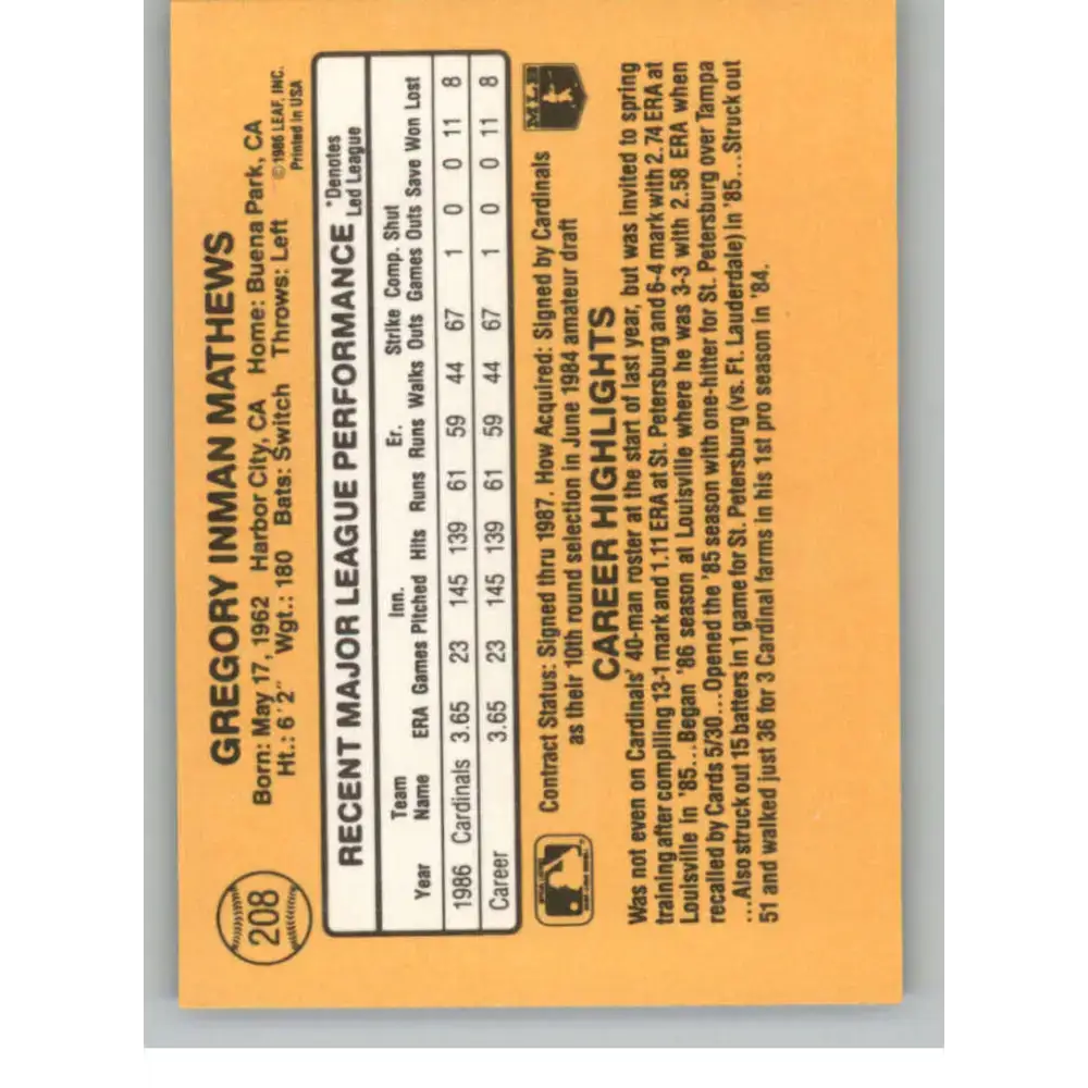 1987 Donruss #208 Greg Mathews EX Excellent RC Rookie St. Louis Cardinals Baseball Card - Baseball Card Single