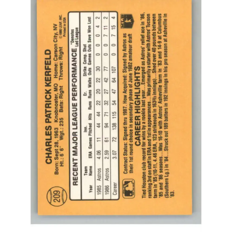 1987 Donruss #209 Charlie Kerfeld EX Excellent Houston Astros Baseball Card - Baseball Card Single