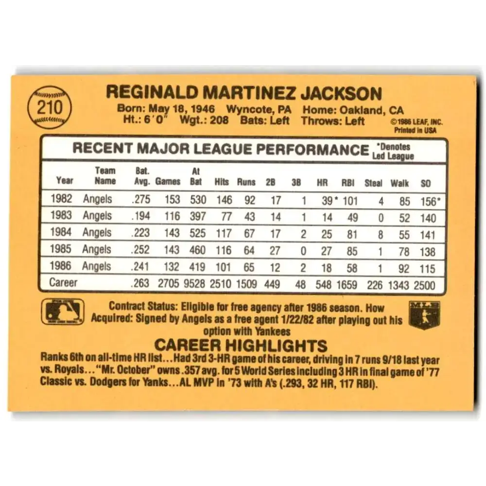 1987 Donruss #210 Reggie Jackson EX Excellent California Angels Baseball Card - Baseball Card Single