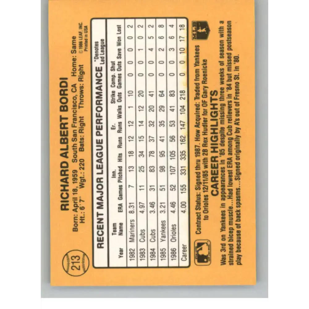 1987 Donruss #213 Rich Bordi EX Excellent Baltimore Orioles Baseball Card - Baseball Card Single