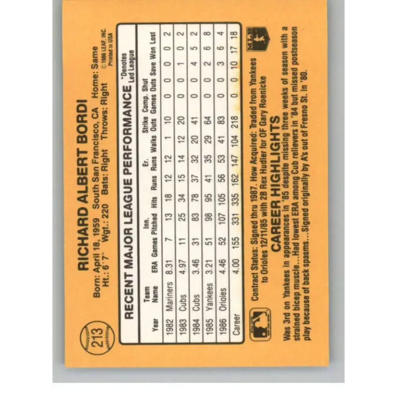 1987 Donruss #213 Rich Bordi EX Excellent Baltimore Orioles Baseball Card - Baseball Card Single