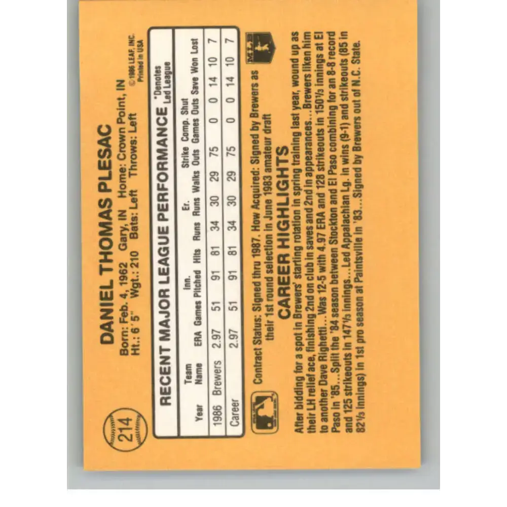 1987 Donruss #214 Dan Plesac EX Excellent Milwaukee Brewers Baseball Card - Baseball Card Single