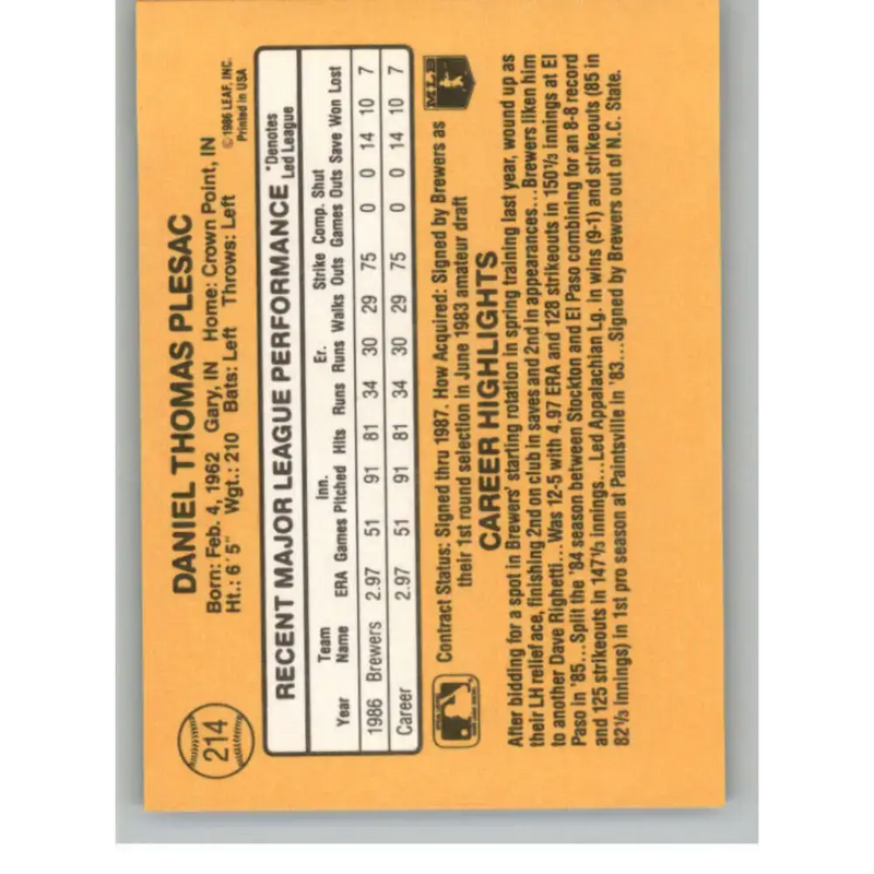 1987 Donruss #214 Dan Plesac EX Excellent Milwaukee Brewers Baseball Card - Baseball Card Single