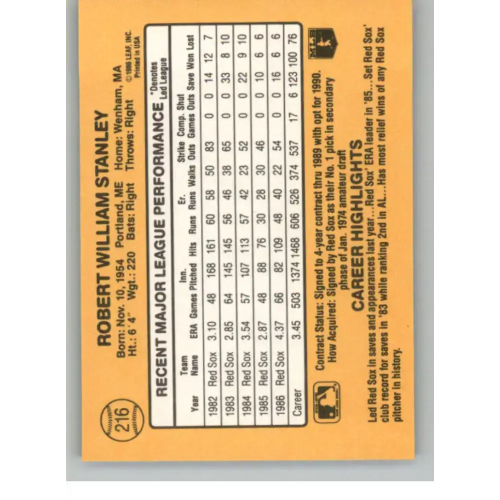 1987 Donruss #216 Bob Stanley EX Excellent Boston Red Sox Baseball Card - Baseball Card Single