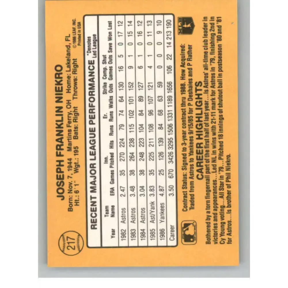 1987 Donruss #217 Joe Niekro EX Excellent New York Yankees Baseball Card - Baseball Card Single