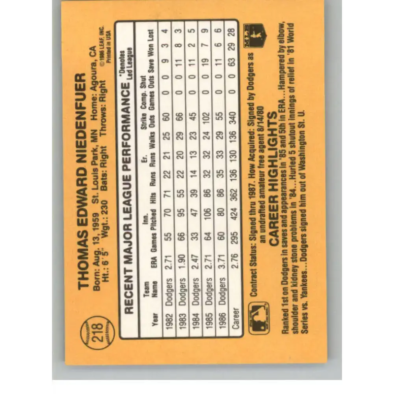 1987 Donruss #218 Tom Niedenfuer EX Excellent Los Angeles Dodgers Baseball Card
