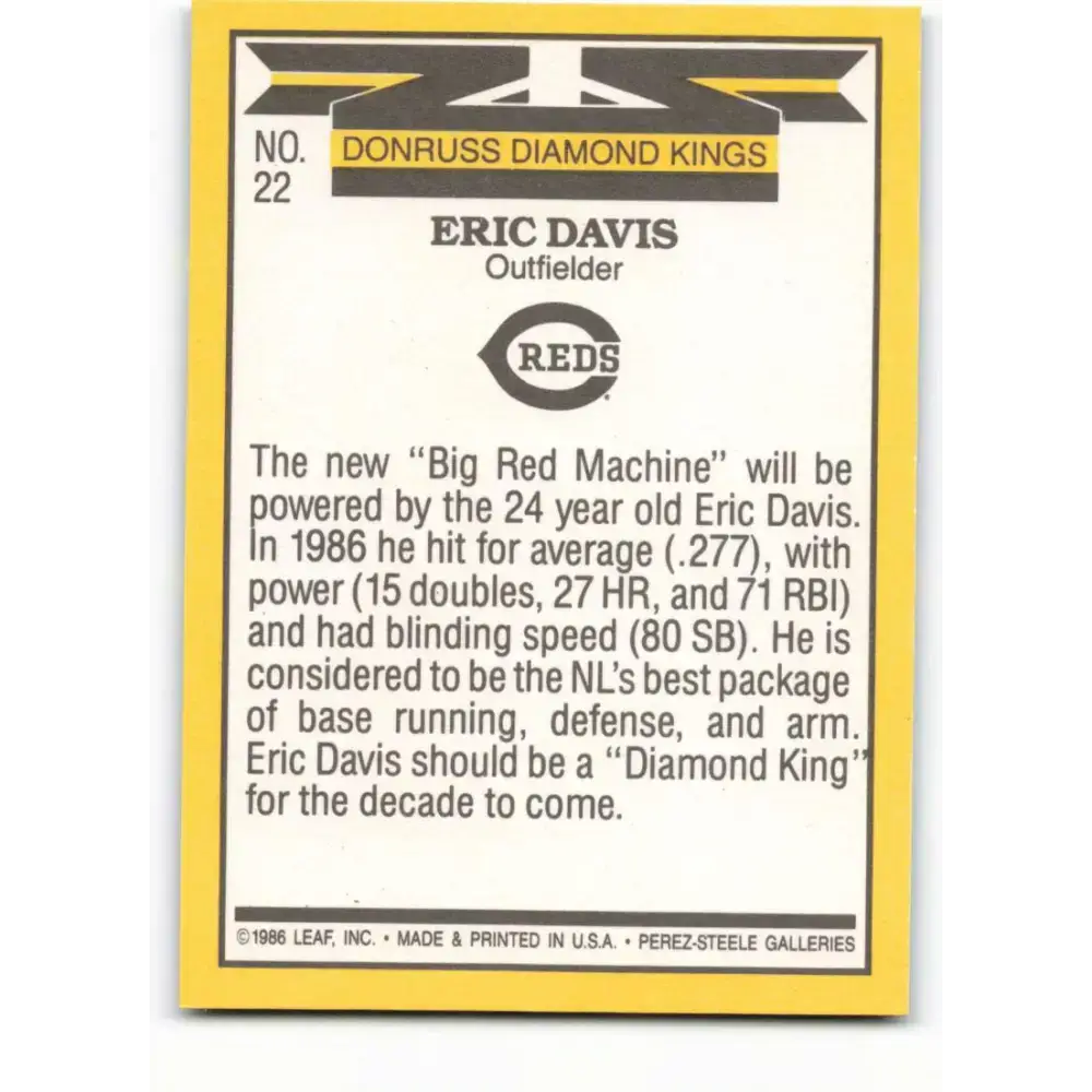 1987 Donruss #22 Eric Davis EX Excellent Cincinnati Reds Baseball Card - Baseball Card Single