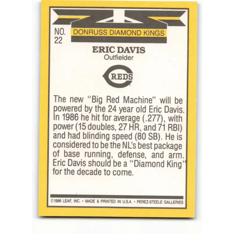 1987 Donruss #22 Eric Davis EX Excellent Cincinnati Reds Baseball Card - Baseball Card Single