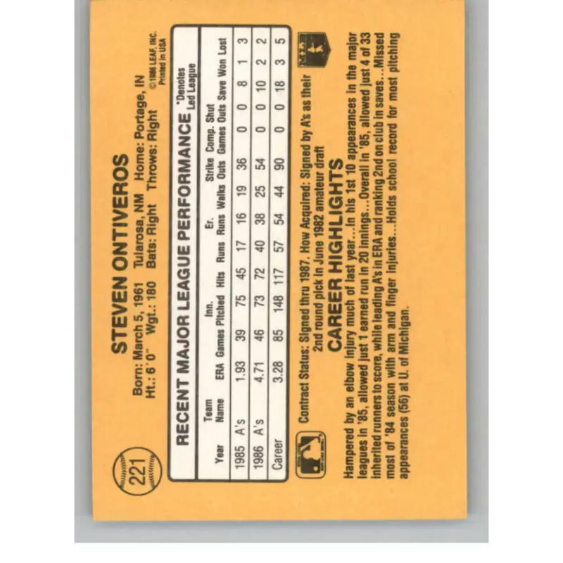 1987 Donruss #221 Steve Ontiveros EX Excellent Oakland Athletics Baseball Card - Baseball Card Single