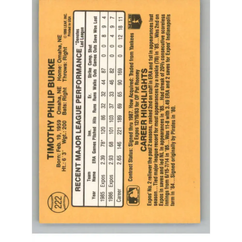 1987 Donruss #222 Tim Burke EX Excellent Montreal Expos Baseball Card - Baseball Card Single