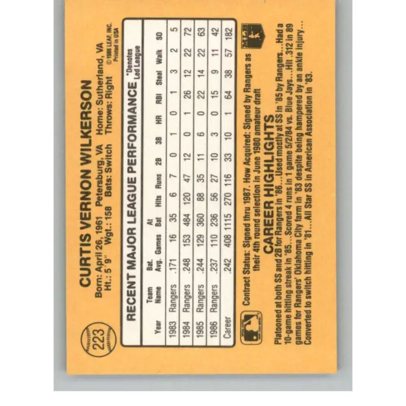 1987 Donruss #223 Curtis Wilkerson EX Excellent Texas Rangers Baseball Card - Baseball Card Single
