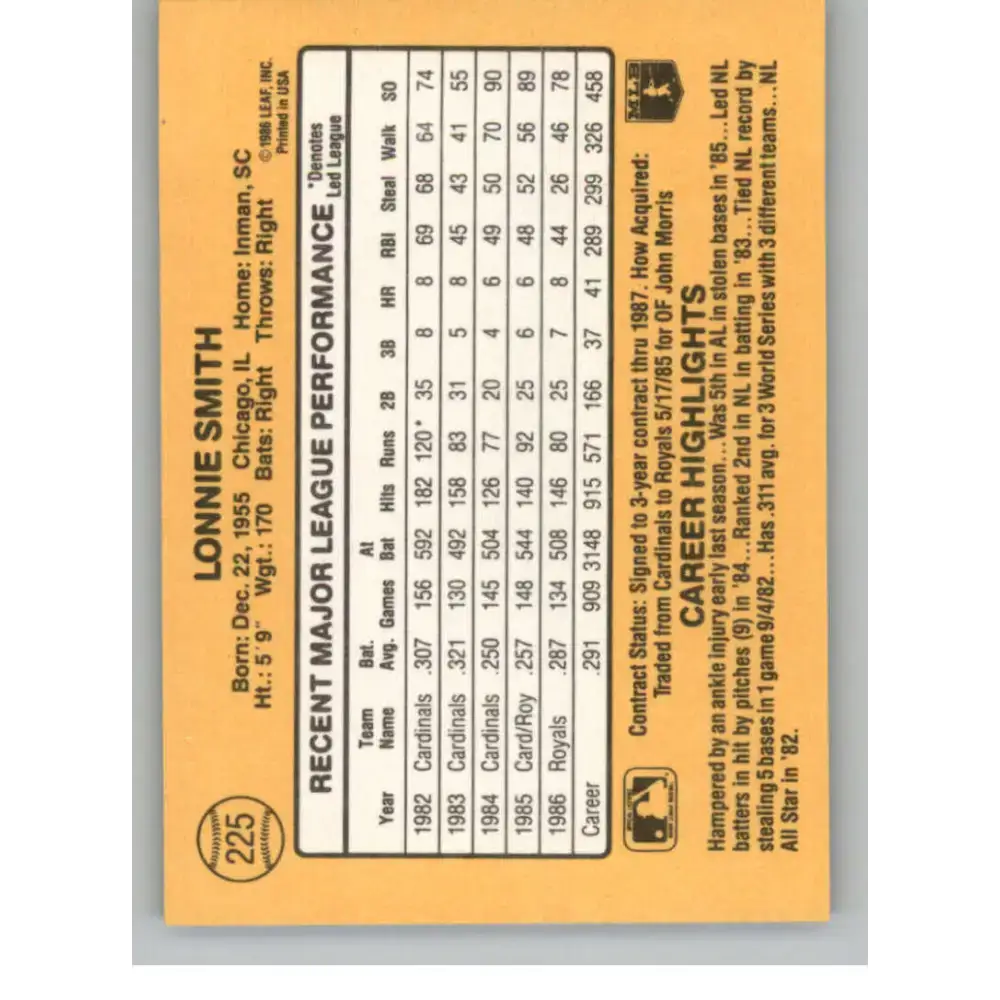 1987 Donruss #225 Lonnie Smith EX Excellent Kansas City Royals Baseball Card - Baseball Card Single
