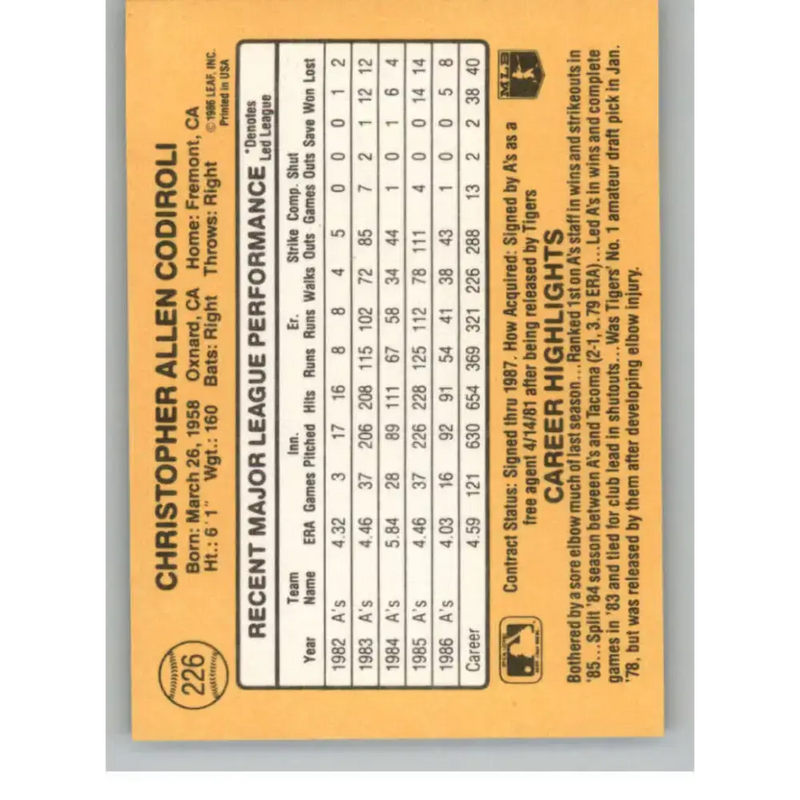1987 Donruss #226 Chris Codiroli EX Excellent Oakland Athletics Baseball Card - Baseball Card Single