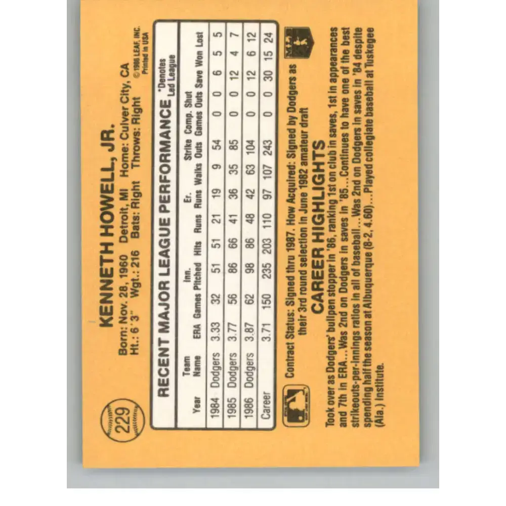 1987 Donruss #229 Ken Howell EX Excellent Los Angeles Dodgers Baseball Card - Baseball Card Single