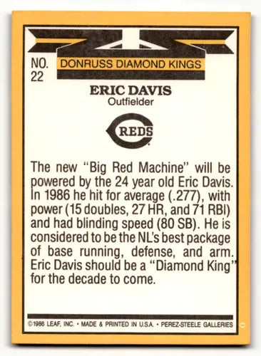 1987 Donruss #22b Eric Davis NM Near Mint Reds DK COR ID:53082 - Baseball Card Single