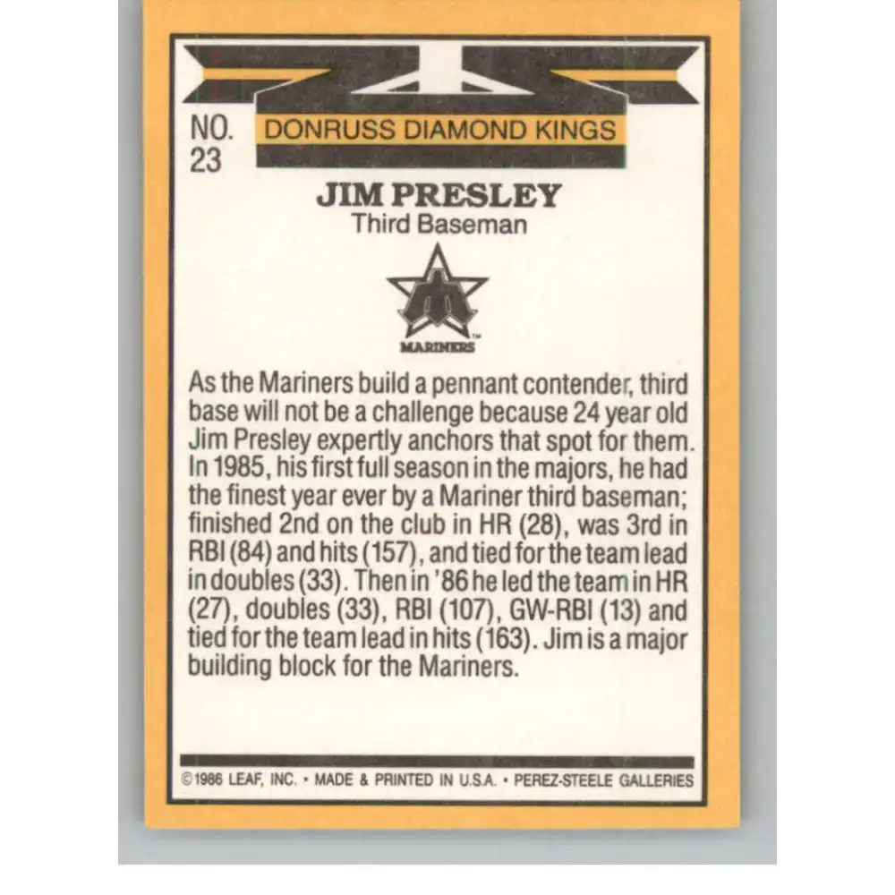 1987 Donruss #23 Jim Presley EX Excellent Seattle Mariners Baseball Card - Baseball Card Single