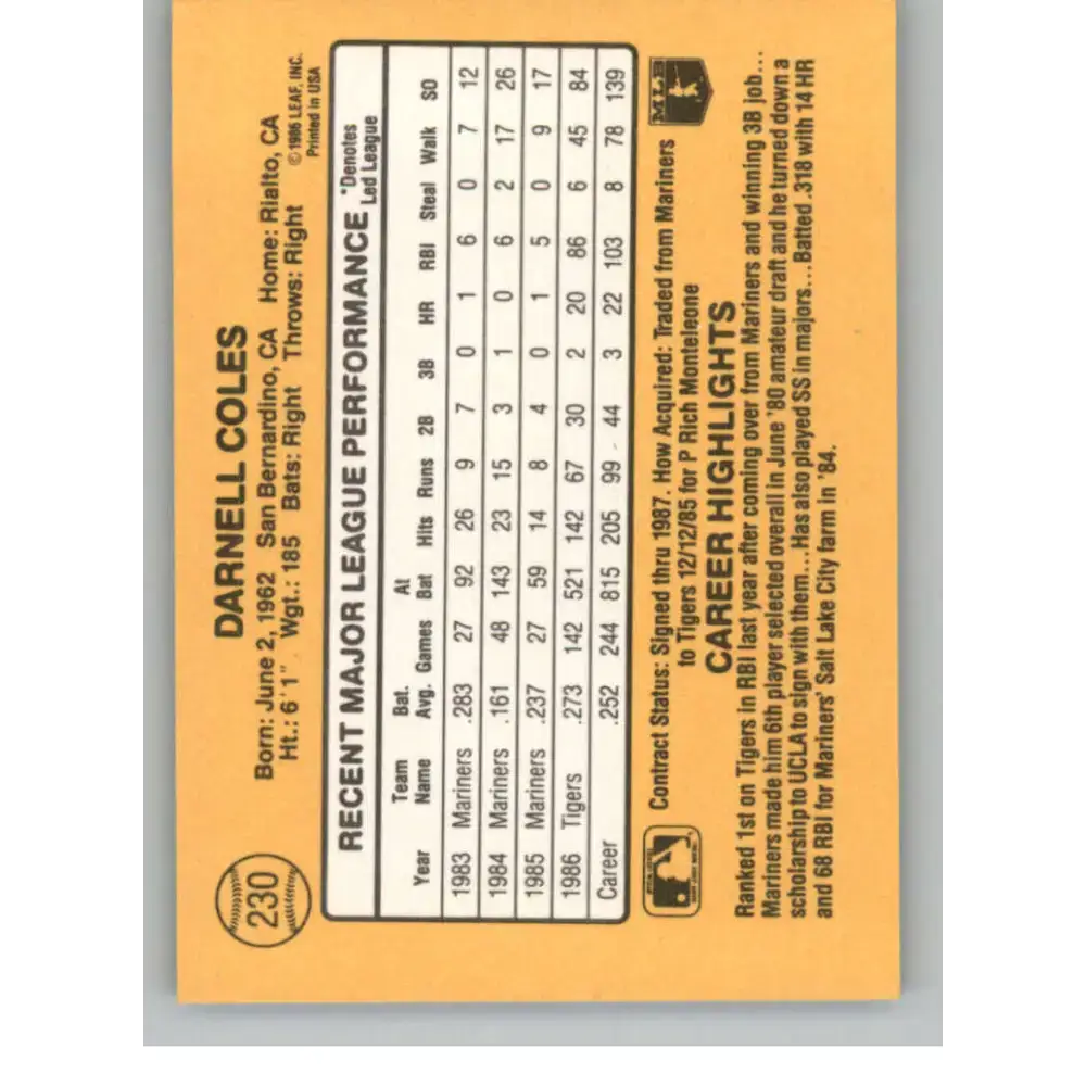 1987 Donruss #230 Darnell Coles EX Excellent Detroit Tigers Baseball Card - Baseball Card Single