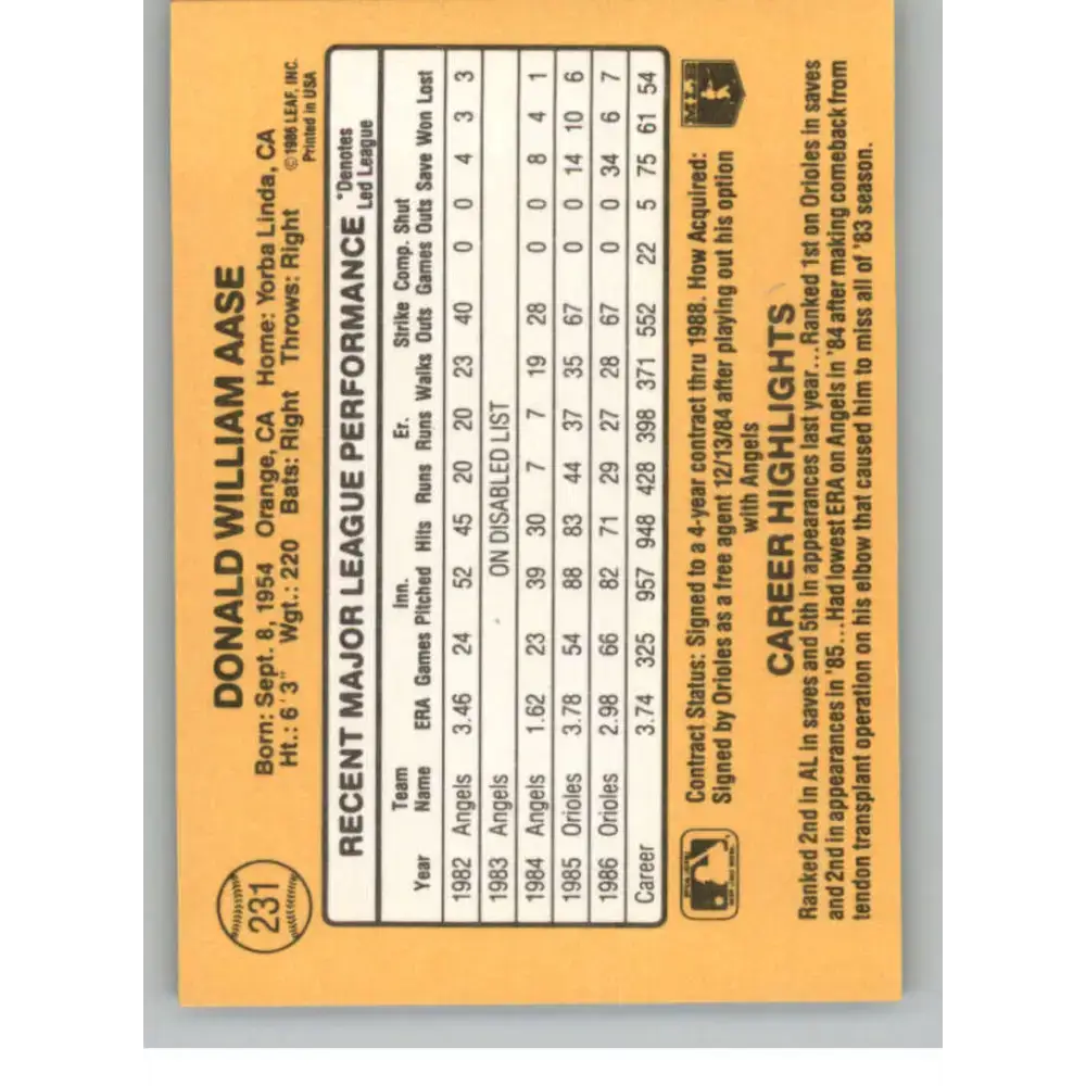1987 Donruss #231 Don Aase EX Excellent Baltimore Orioles Baseball Card - Baseball Card Single