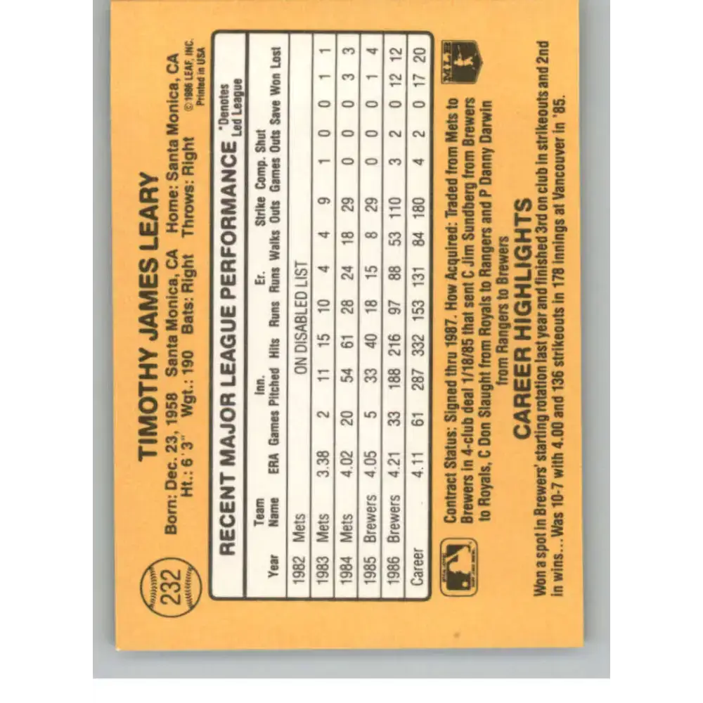 1987 Donruss #232 Tim Leary EX Excellent Milwaukee Brewers Baseball Card - Baseball Card Single