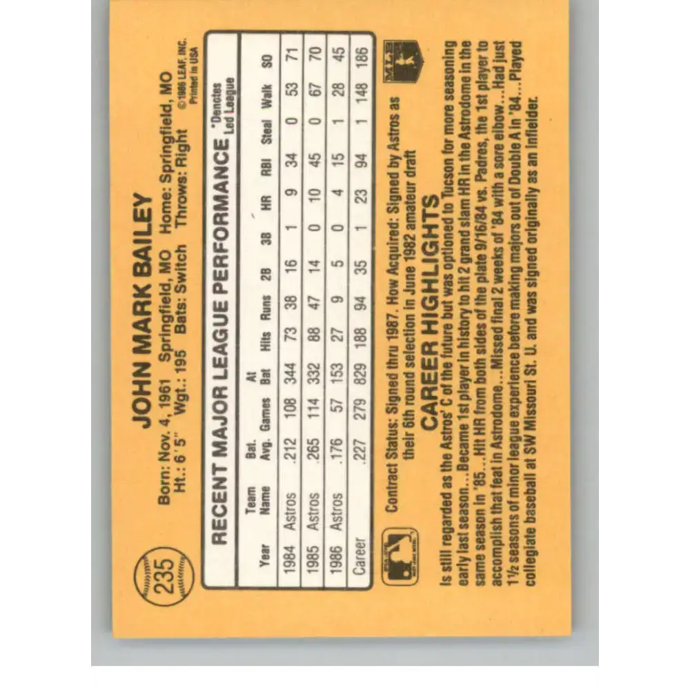 1987 Donruss #235 Mark Bailey EX Houston Astros Baseball Card - Baseball Card Single