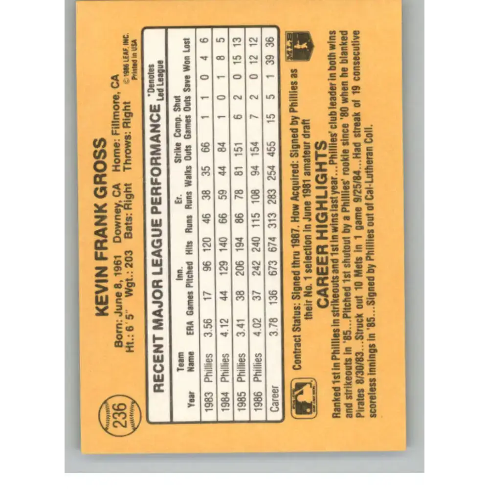 1987 Donruss #236 Kevin Gross EX Excellent Philadelphia Phillies Baseball Card - Baseball Card Single