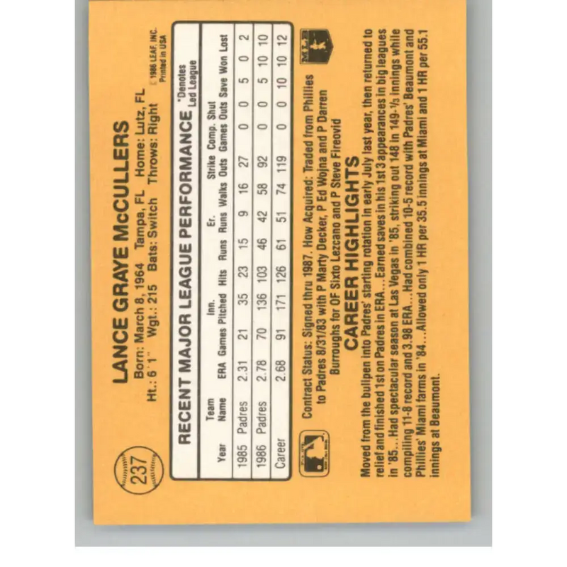 1987 Donruss #237 Lance McCullers EX Excellent San Diego Padres Baseball Card - Baseball Card Single