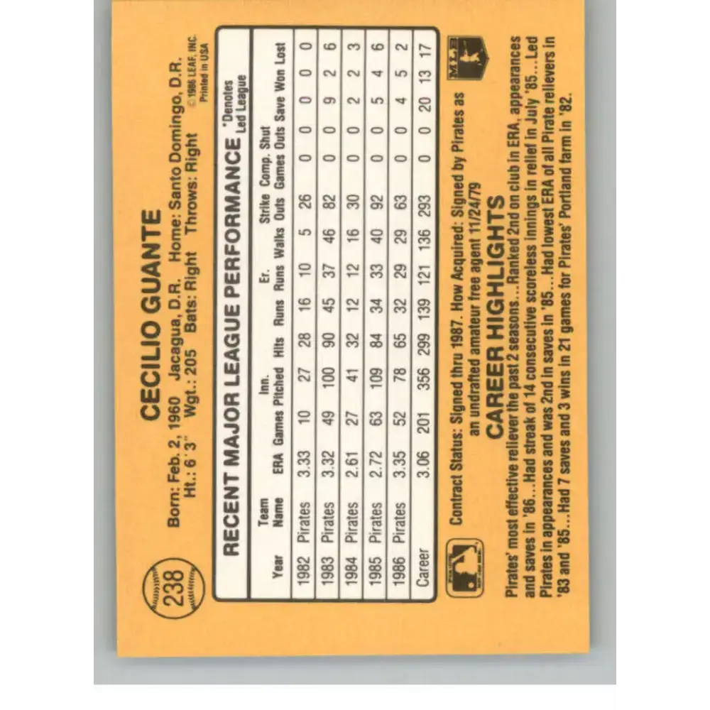 1987 Donruss #238 Cecilio Guante EX Excellent Pittsburgh Pirates Baseball Card - Baseball Card Single