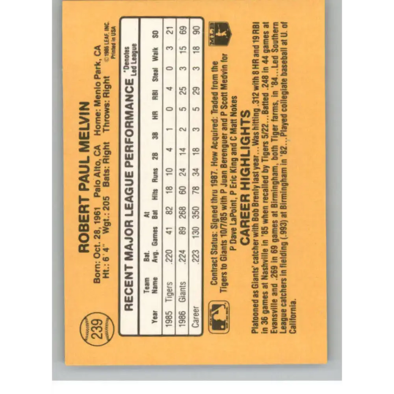 1987 Donruss #239 Bob Melvin EX Excellent San Francisco Giants Baseball Card - Baseball Card Single
