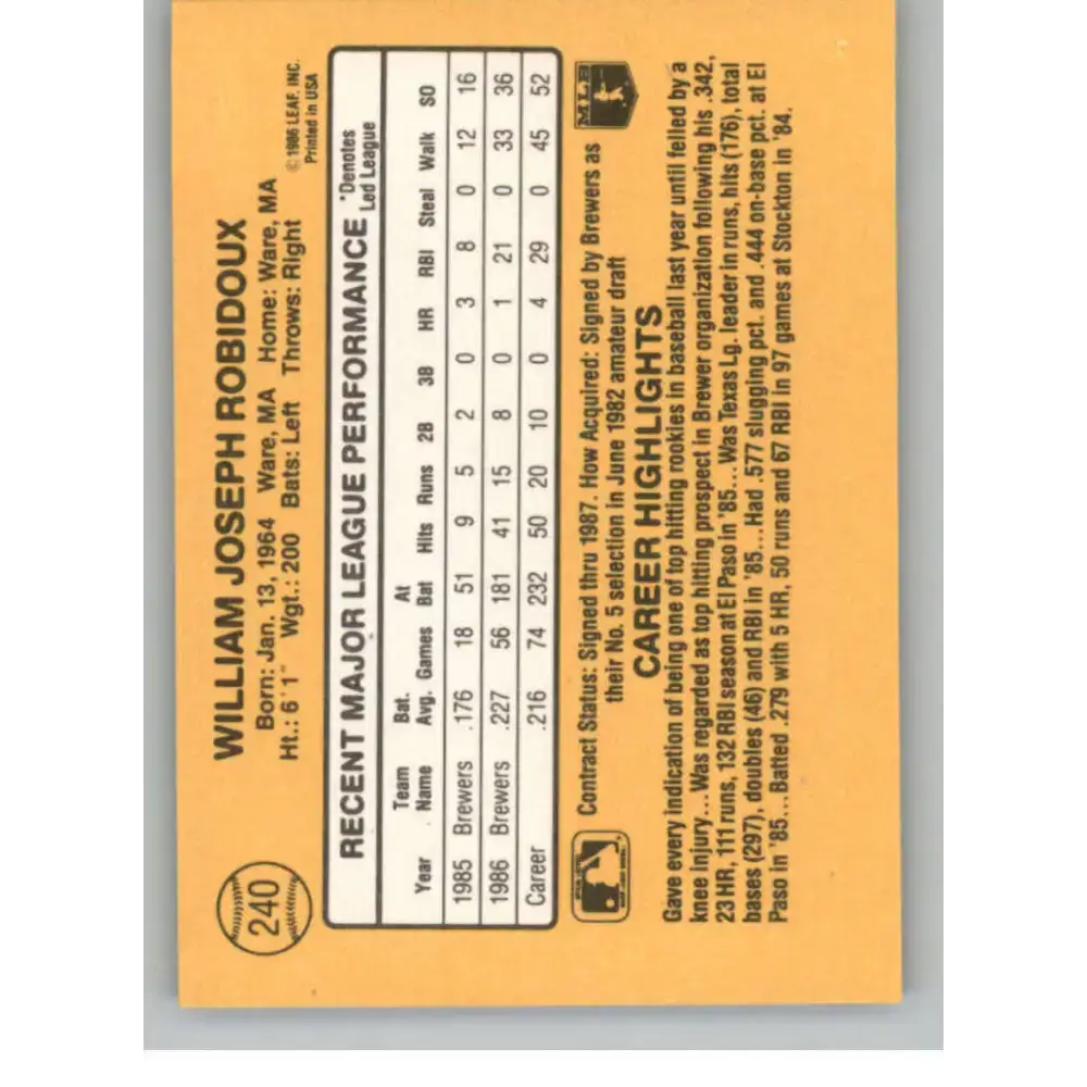 1987 Donruss #240 Billy Joe Robidoux EX Excellent Milwaukee Brewers Baseball Card - Baseball Card Single