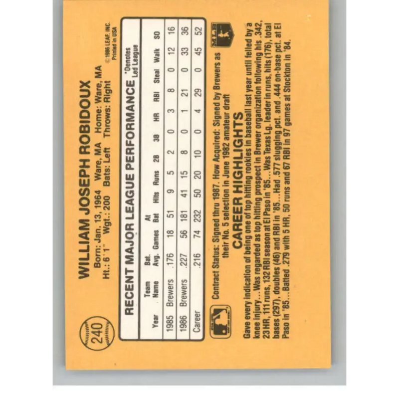 1987 Donruss #240 Billy Joe Robidoux EX Excellent Milwaukee Brewers Baseball Card - Baseball Card Single