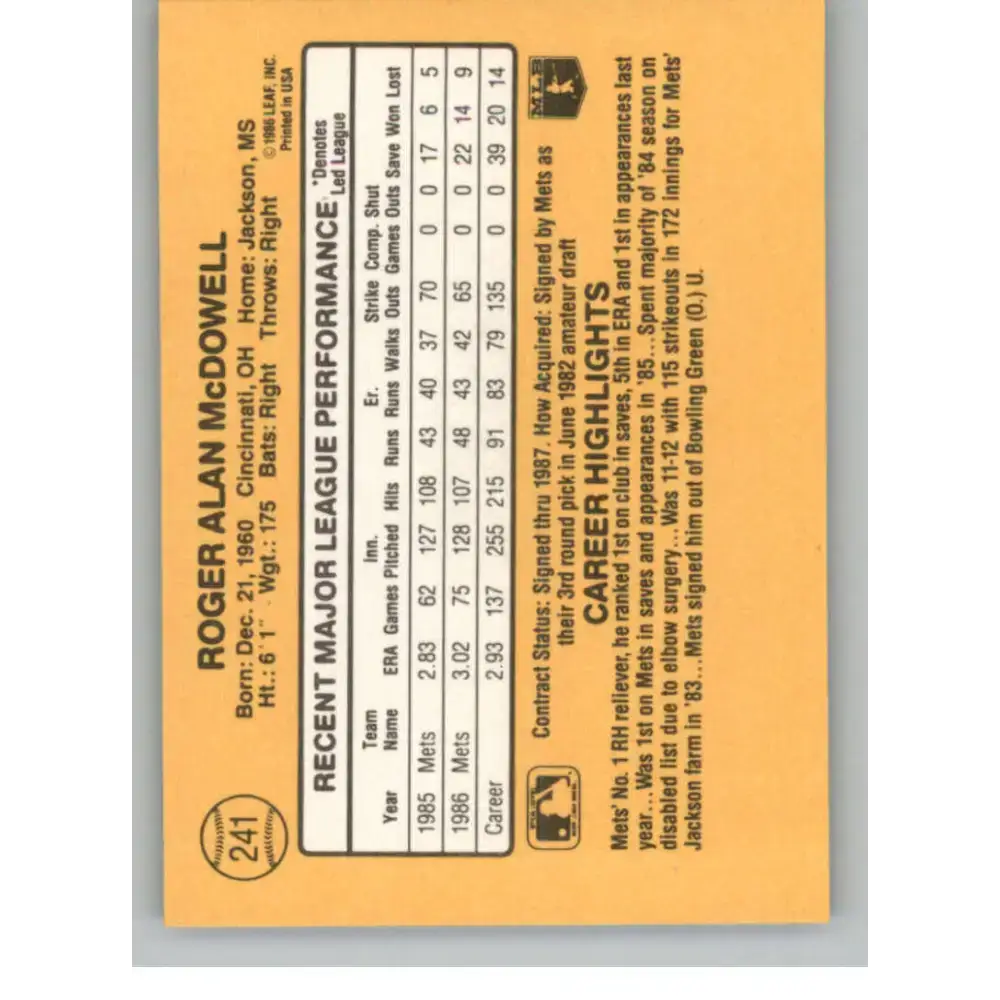 1987 Donruss #241 Roger McDowell EX Excellent New York Mets Baseball Card - Baseball Card Single