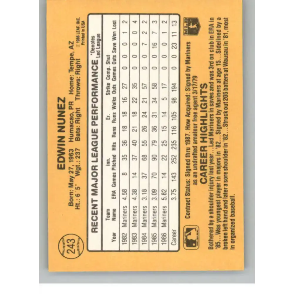 1987 Donruss #243 Edwin Nunez EX Seattle Mariners Baseball Card - Baseball Card Single