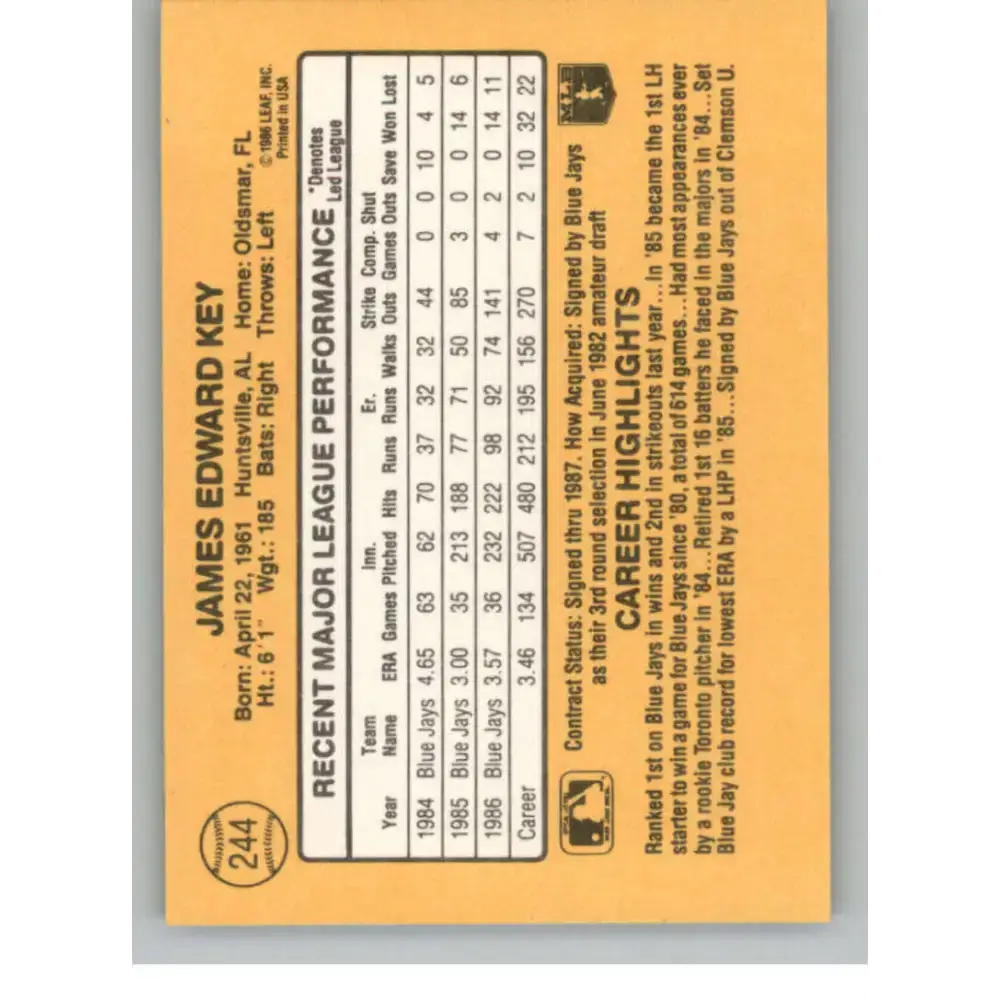 1987 Donruss #244 Jimmy Key EX Excellent Toronto Blue Jays Baseball Card - Baseball Card Single