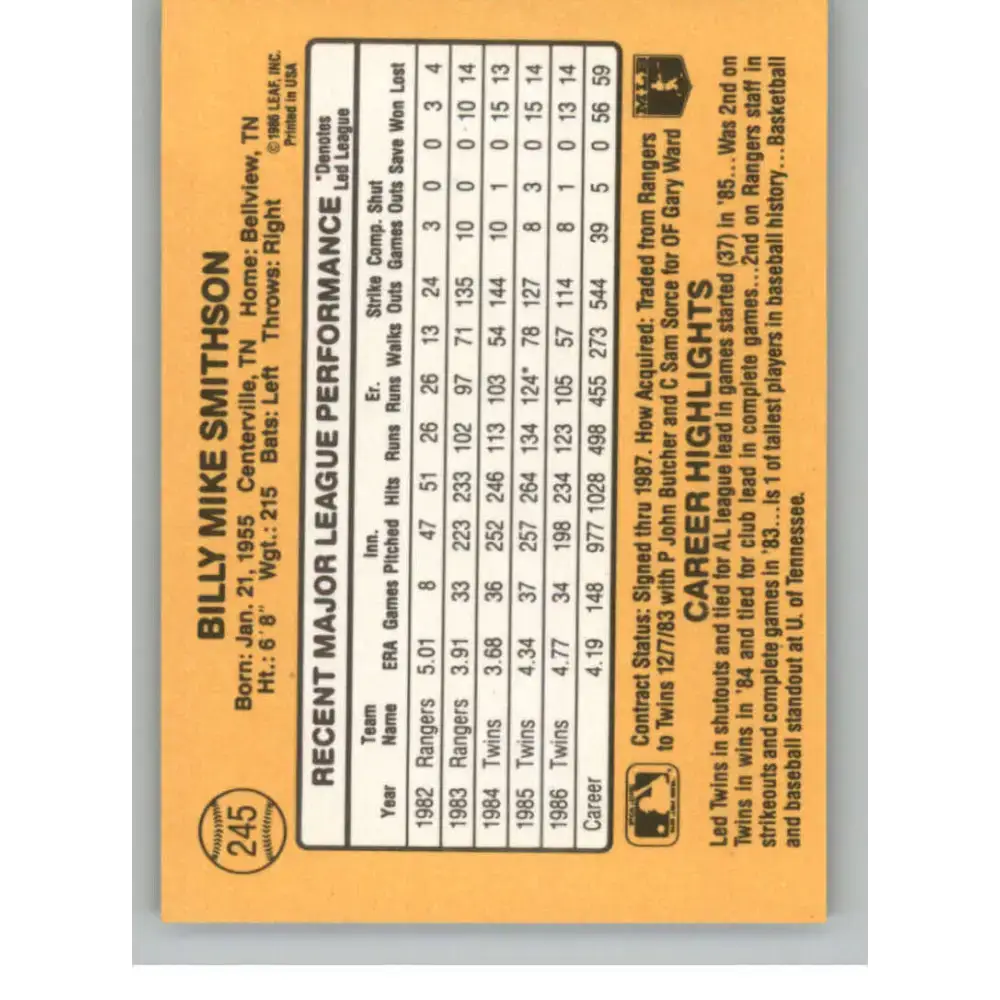 1987 Donruss #245 Mike Smithson EX Excellent Minnesota Twins Baseball Card - Baseball Card Single